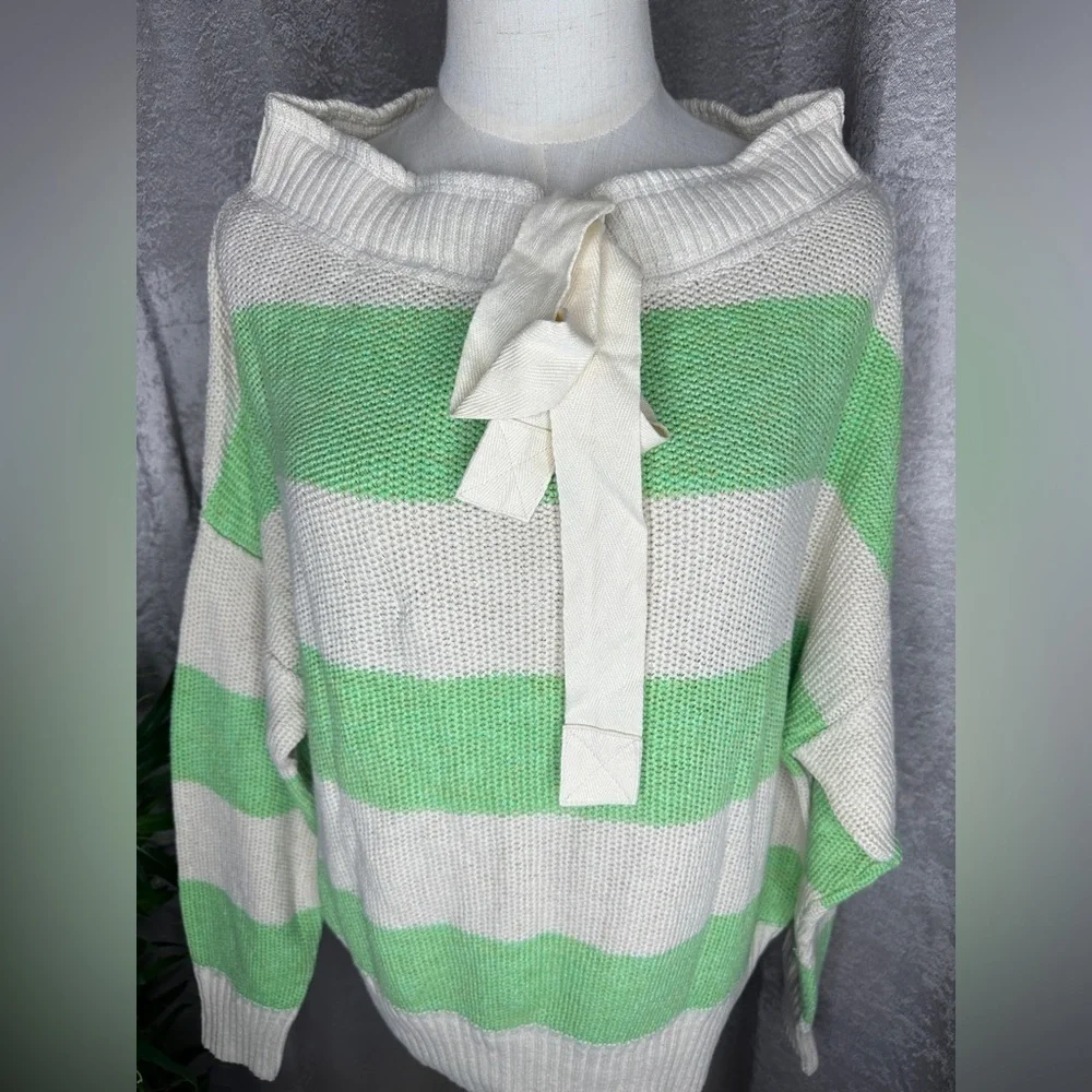 NWT Free People Cassidy Off Shoulder Sweater Striped Wild Green Combo XS
